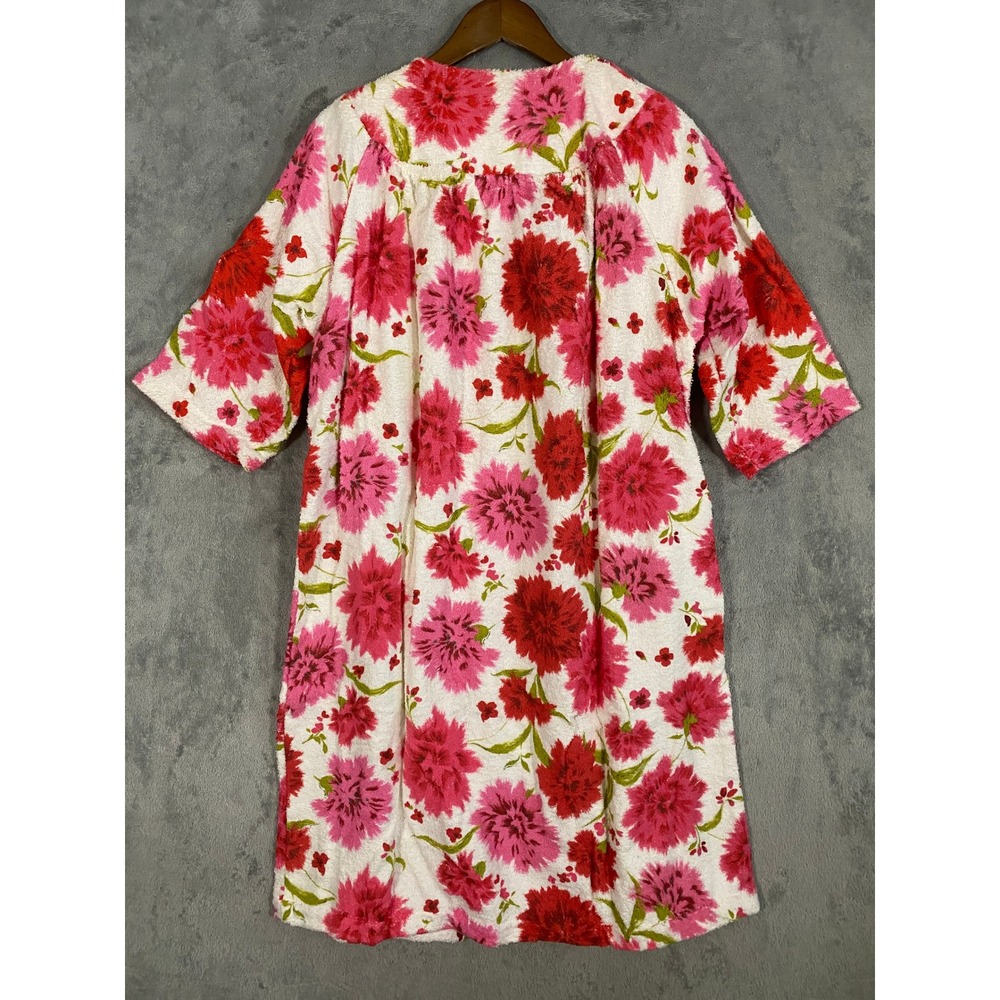 VTG Terry Tuck Robe OS Pink Red Floral Pouf Duster Terrycloth NEW 60s Grannycore - Picture 7 of 12